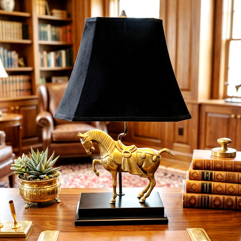Vintage Solid Brass Horse Table Lamp with Black Lampshade | Equestrian Decor | Hollywood Regency Style Lamp