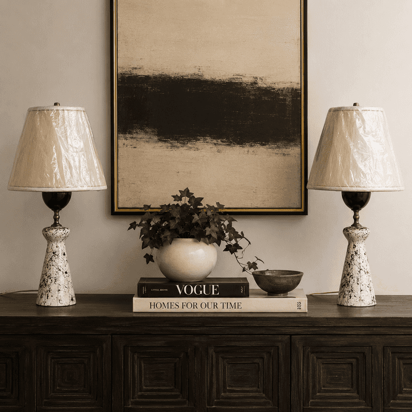 A styled interior scene showing a dark wood console table with two matching table lamps, a potted ivy plant, a small bowl, and a large framed abstract artwork on the wall above.