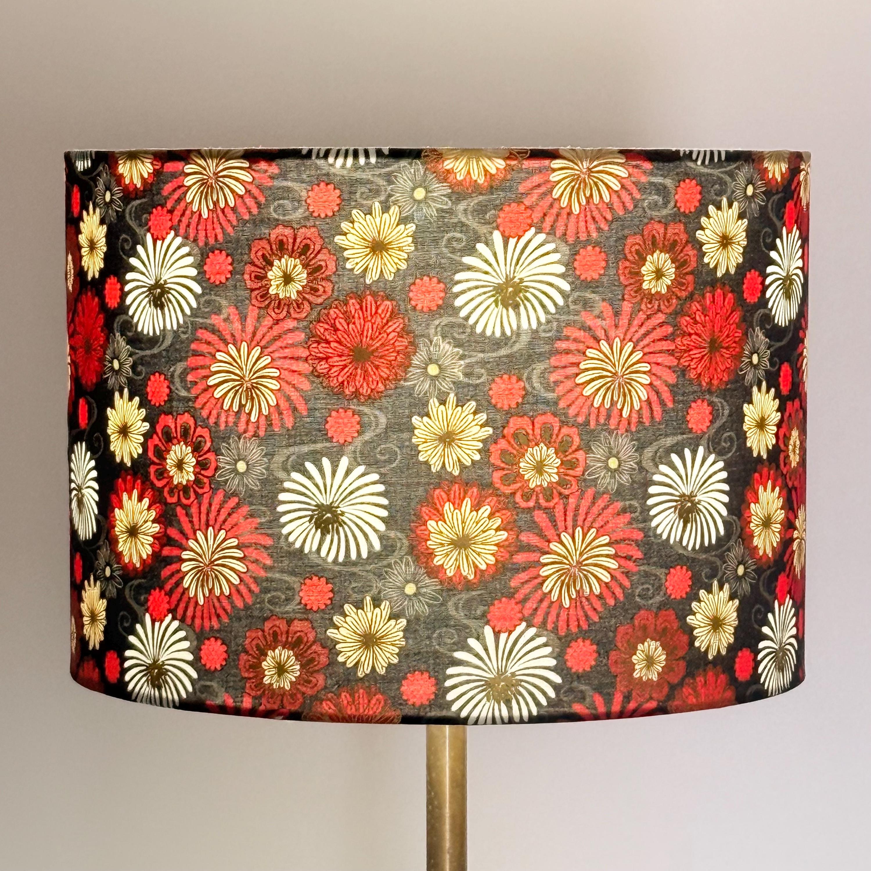 12” Drum Lamp Shade Covered in Red and Gold Fireworks on Black